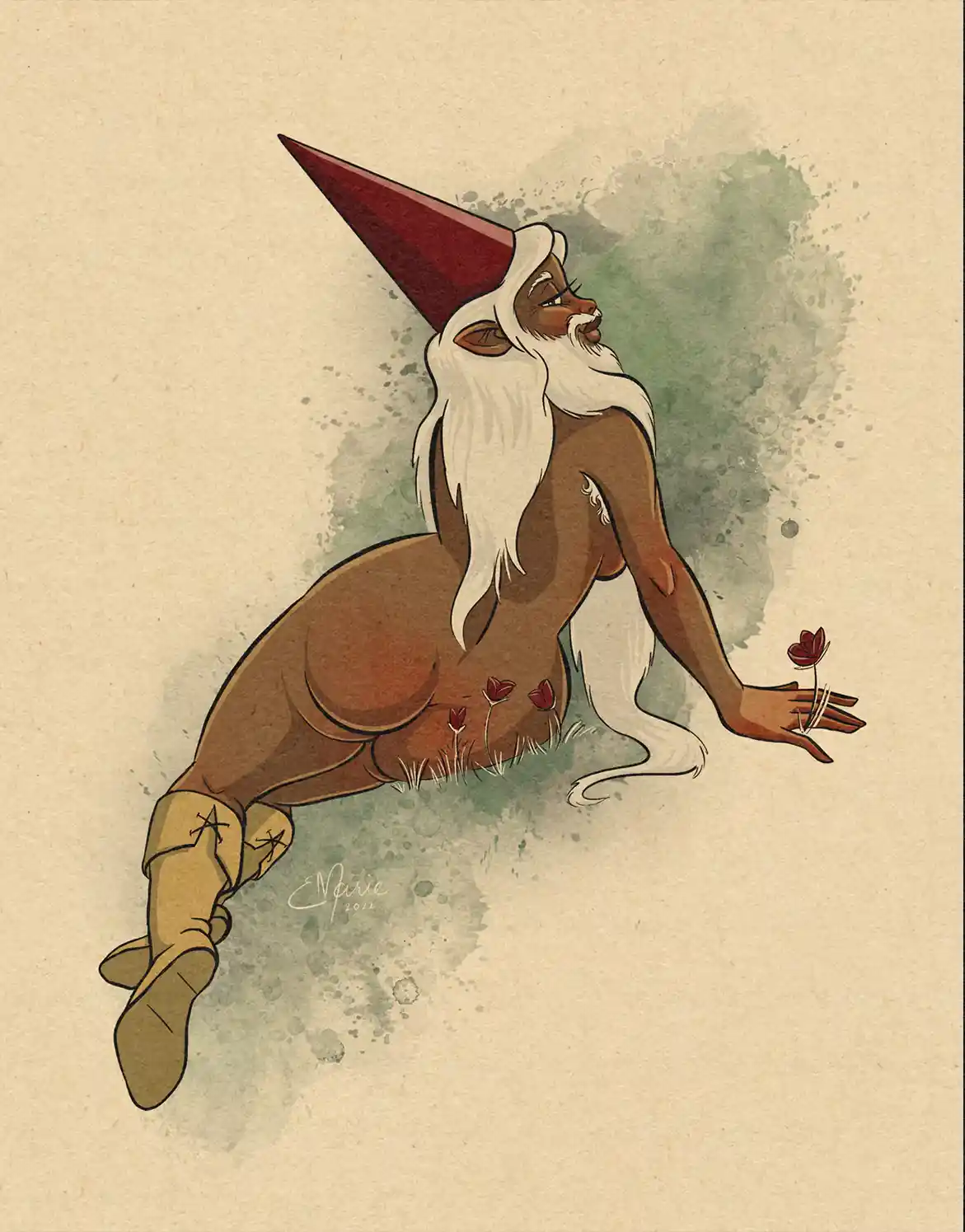 A stylized illustration of a dark-skinned gnome with a long white beard, wearing a red pointed hat and tan boots, reclining…