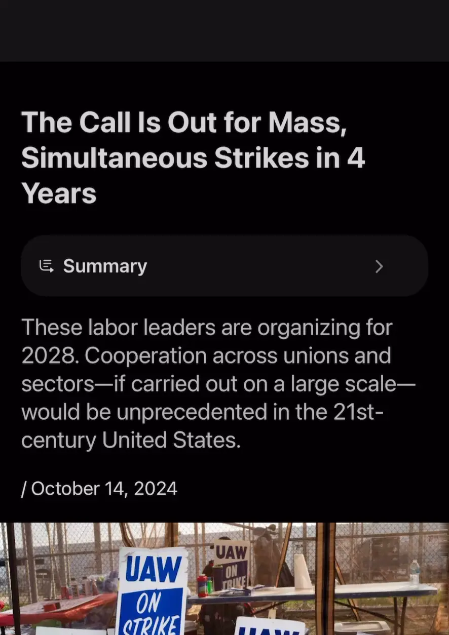 A screenshot of a news article dated October 14, 2024, with a headline about labor strikes in 2028. Below the text, a photo…