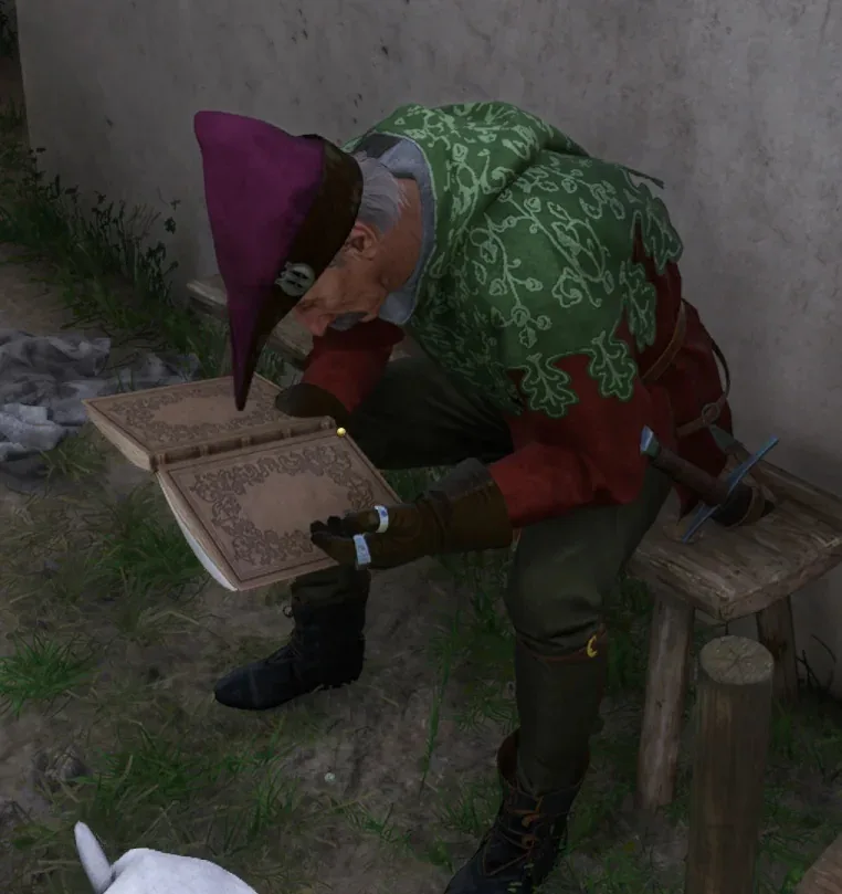 An elderly man in a purple pointed hat and green patterned cloak is kneeling on grass, intently reading an ornate book while…