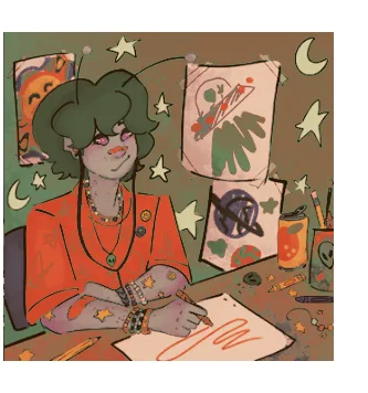 A cartoon person with green hair and glasses sits at a cluttered desk surrounded by stars, moons, and colorful drawings…
