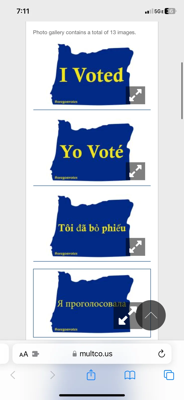 A phone screenshot showing a gallery of four 'I Voted' stickers shaped like the state of Oregon, each with the phrase 'I…