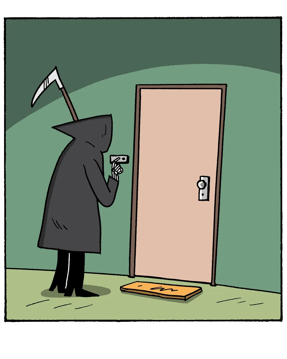 A cartoon depiction of the Grim Reaper, identifiable by a black hooded robe and a scythe over the shoulder, standing before…