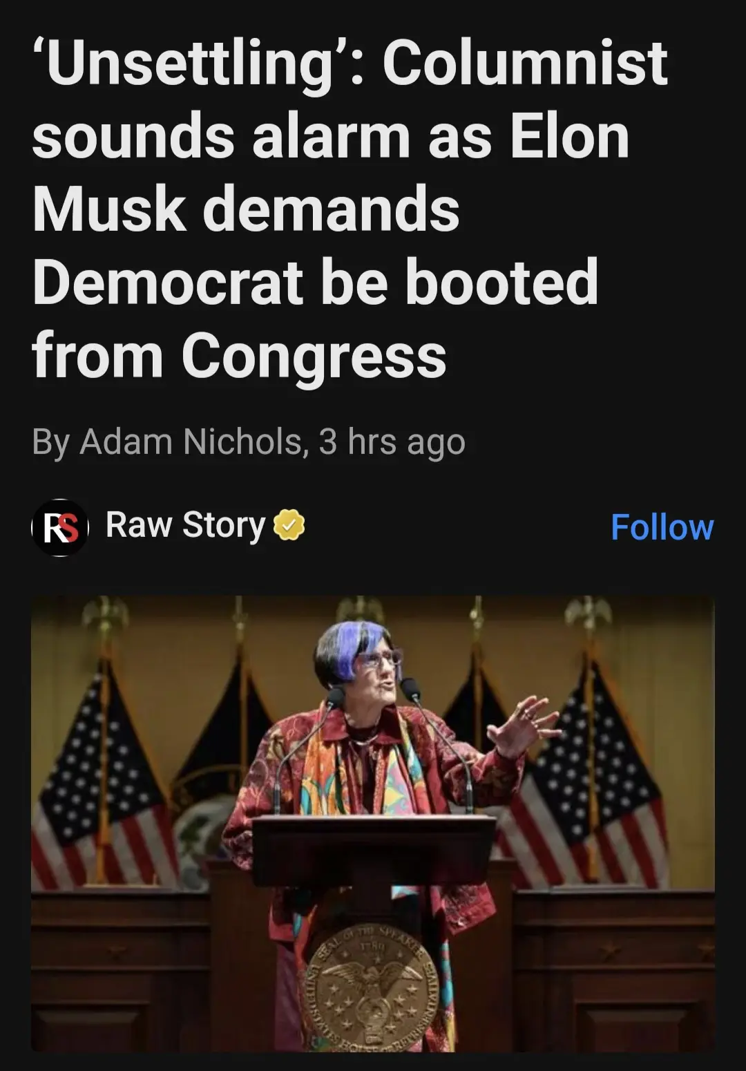A screenshot of a Raw Story news article header with the headline 'Unsettling': Columnist sounds alarm as Elon Musk demands…