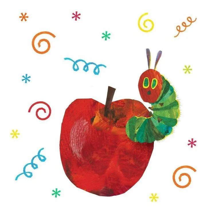 A colorful illustration shows the iconic green and red caterpillar from 'The Very Hungry Caterpillar' book, with large green…