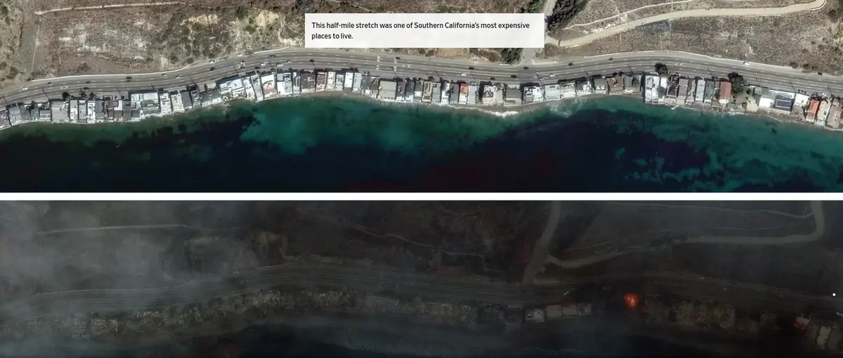 The image displays a before-and-after satellite view of a coastal area. The top panel shows a row of houses along a road…