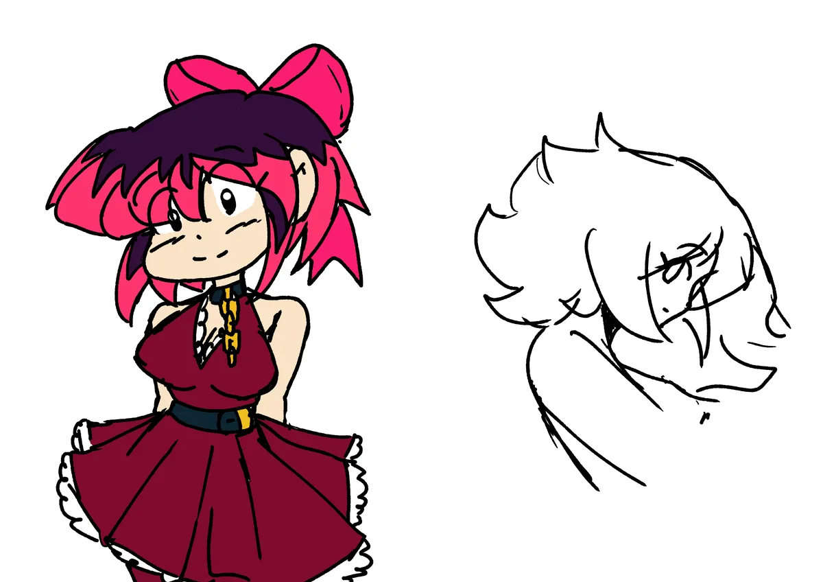 The image shows two anime-style characters side by side. On the left is a fully colored, detailed drawing of a girl with…