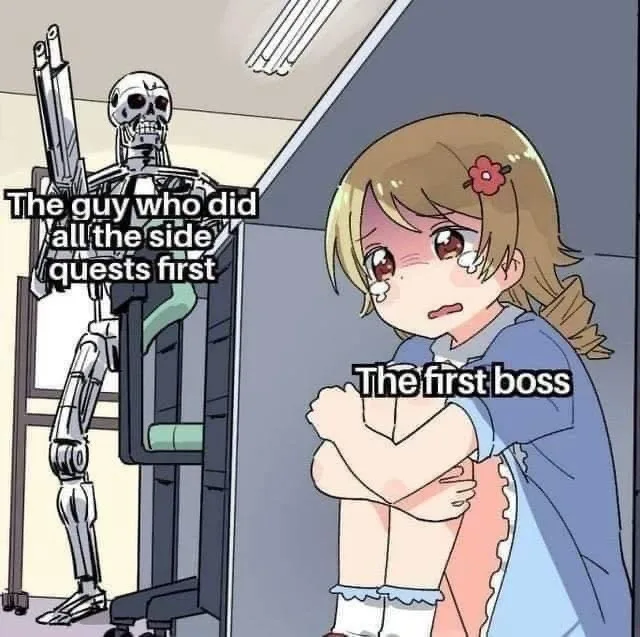 An anime-style girl with tears in her eyes and arms crossed stands in front of a skeletal robot holding a large gun. Text…