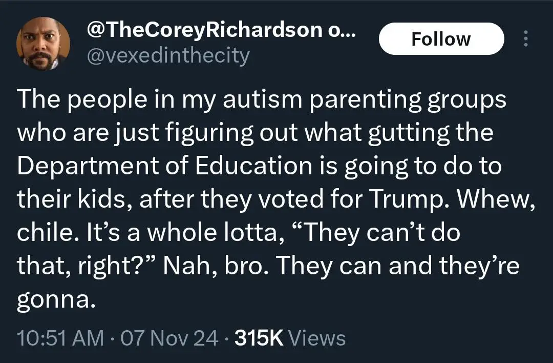 A screenshot of a tweet from @TheCoreyRichardson showing a dark-themed Twitter interface with a profile picture of a man…