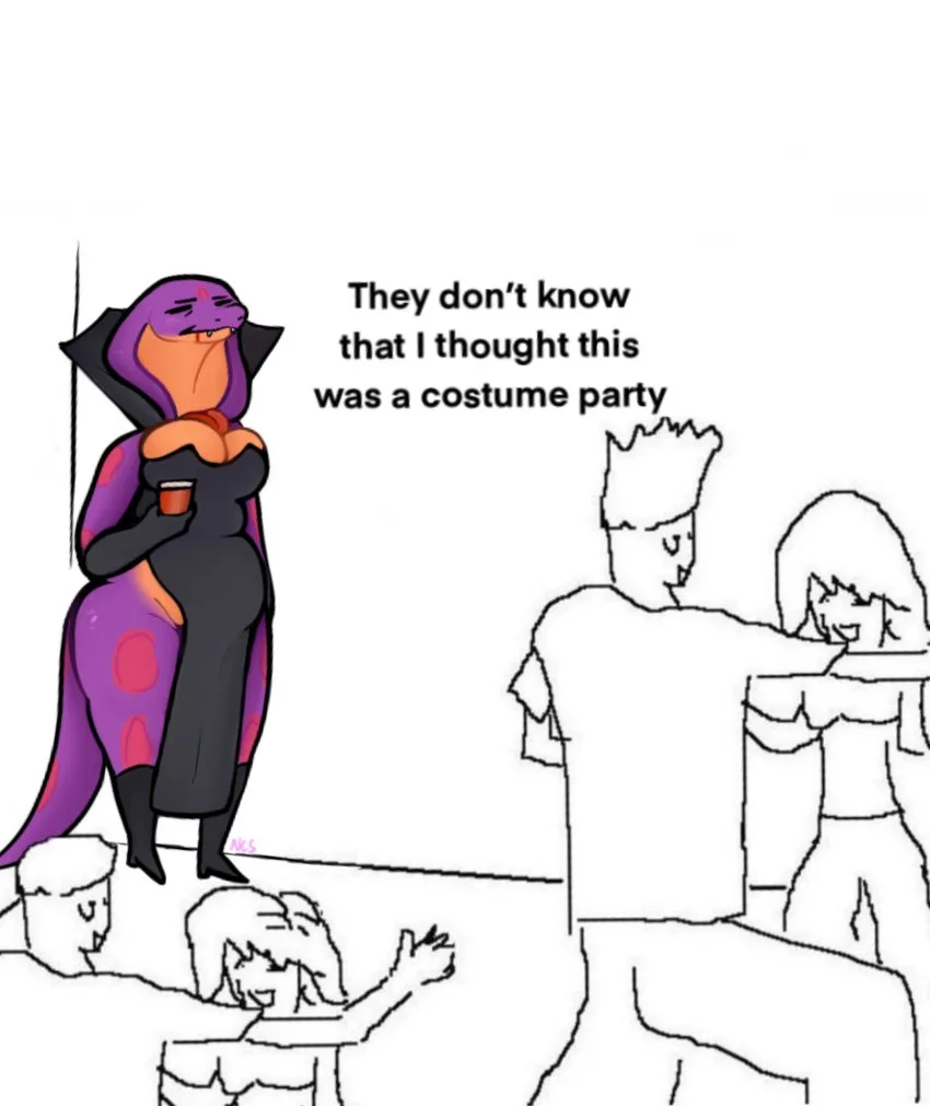 A cartoon character resembling a purple, reptilian woman in a black dress and cape stands holding a drink, looking smugly at…