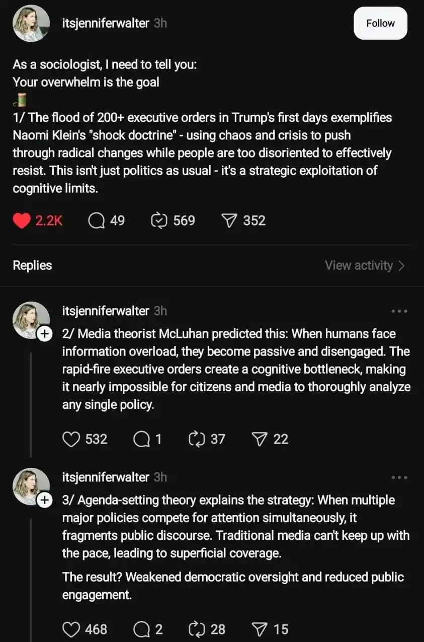 A screenshot of a social media post by 'itsjenniferwalter' showing three numbered points explaining how political chaos and…