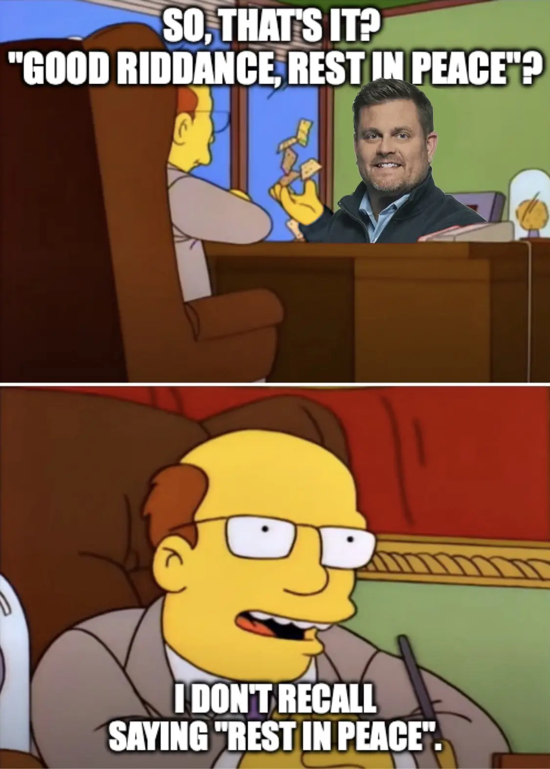 The top panel shows a photo of a smiling man superimposed over a scene from The Simpsons where a character is holding up a…
