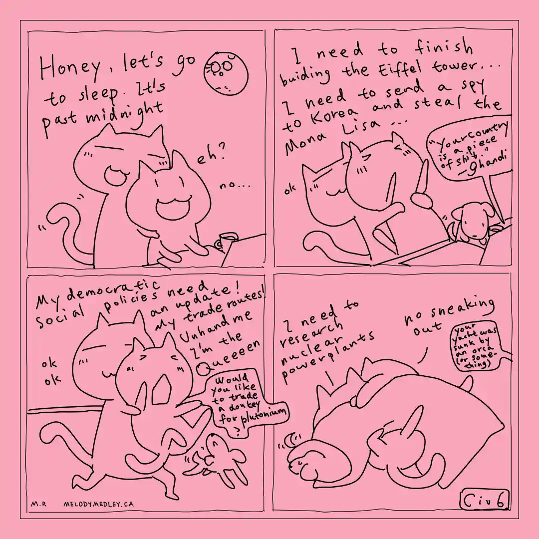 A four-panel comic strip with pink background and black line art of cartoon cats and a dog. In the first panel, one cat…