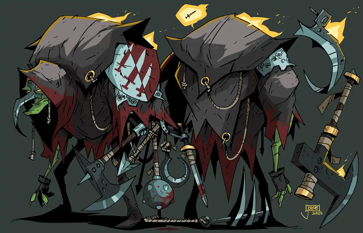 Two cartoonish, green-skinned, hooded warrior figures with dark cloaks and red accents stand side-by-side, each holding…