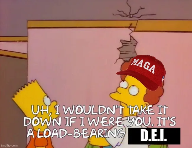 A still from The Simpsons shows Bart Simpson looking up at a cracked ceiling with a red MAGA hat digitally placed on his…