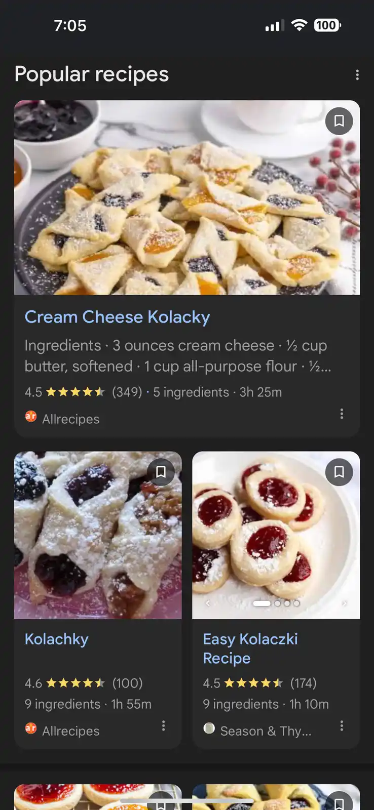 A screenshot of a recipe app showing 'Cream Cheese Kolacky' as the top result under 'Popular recipes', with a photo of…