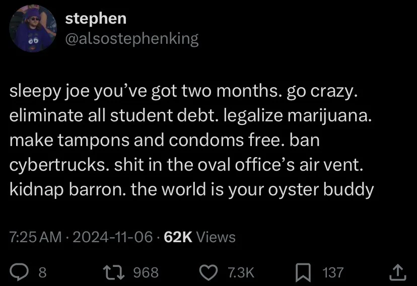 A screenshot of a tweet from user 'stephen' (@alsostephenking) displays a list of absurd, politically charged demands…