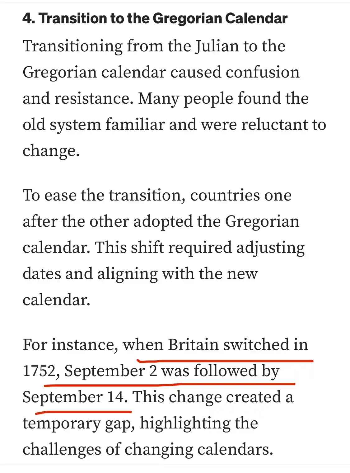 A screenshot of a text passage about calendar reform, highlighting the sentence that states when Britain switched to the…
