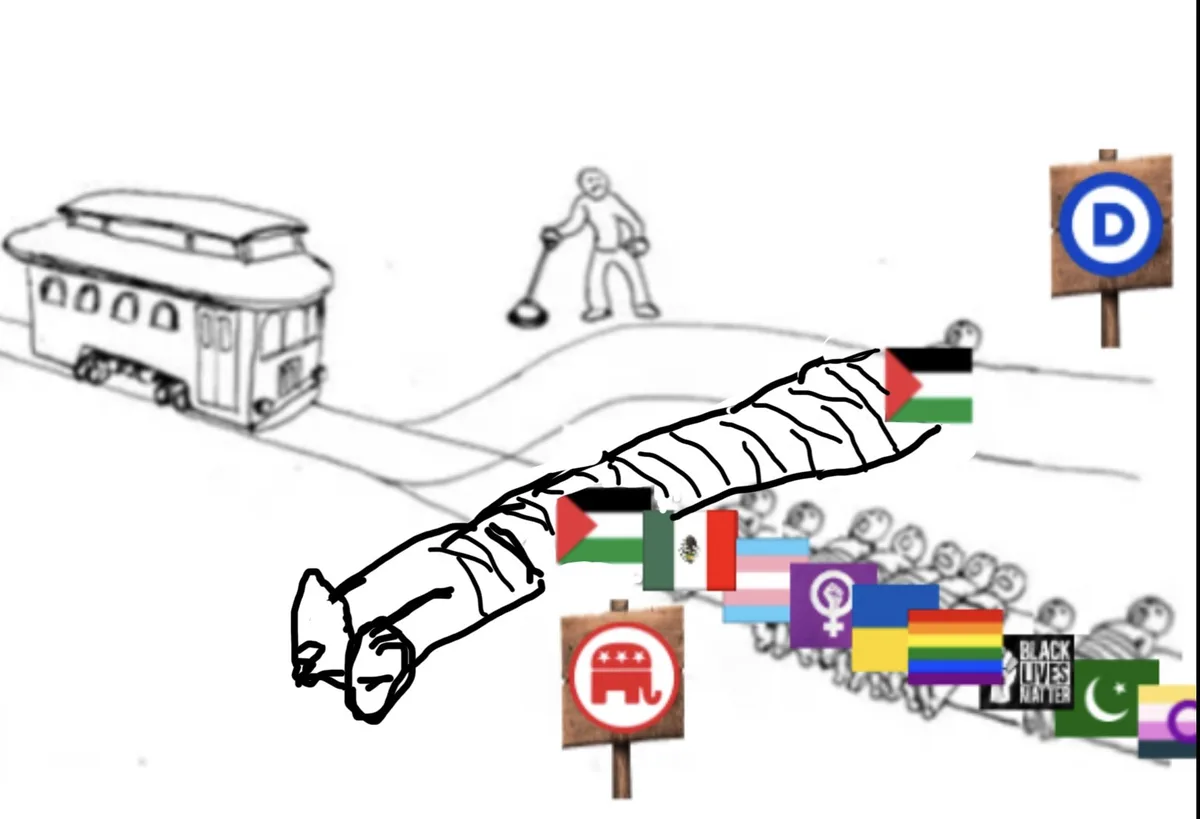 a crudely drawn mummy with a face, wrapped in various flags including palestine, mexico, transgender pride, feminism…