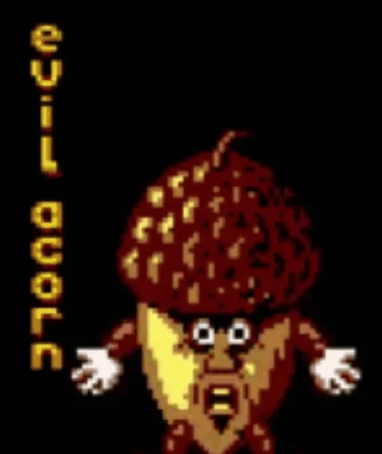 The image displays three identical vertical panels, each showing a pixelated, cartoonish acorn character with a brown cap…
