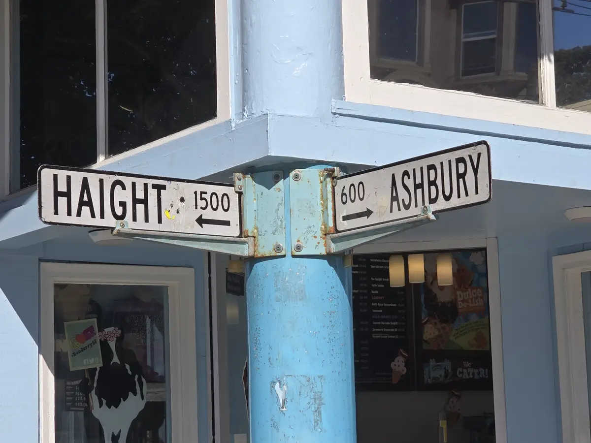 A street sign at the intersection of Haight Street (block 1500) and Ashbury Street (block 600) in San Francisco, mounted on…