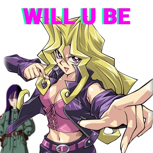 A stylized anime character with long blonde hair and purple outfit points forward with a determined expression, while…