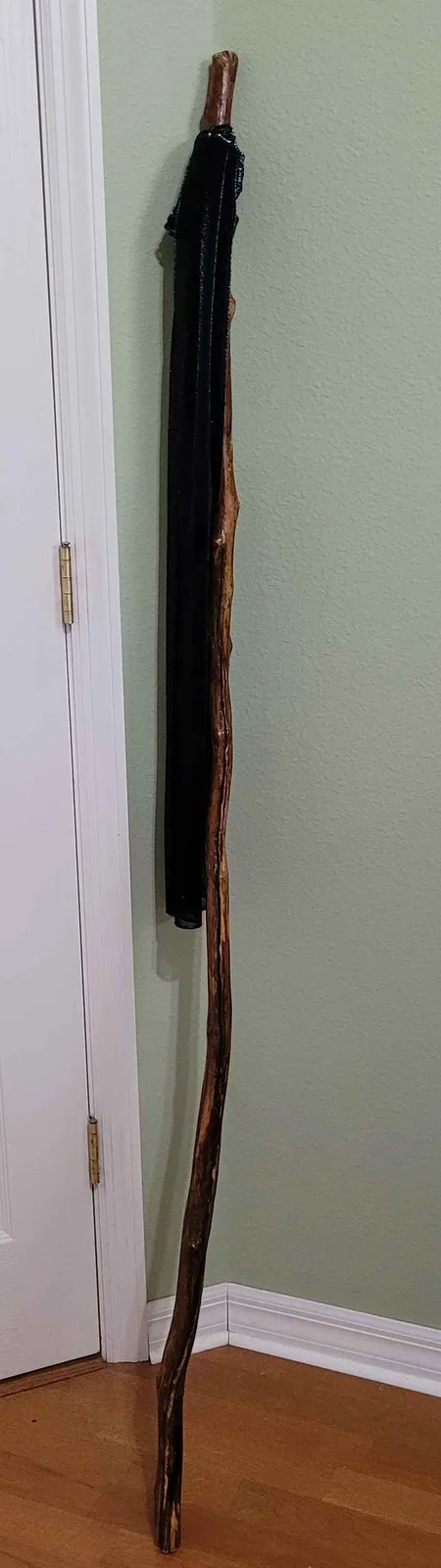 A long, gnarled wooden stick leans against a light green wall next to a white door, with a black umbrella sheathed…