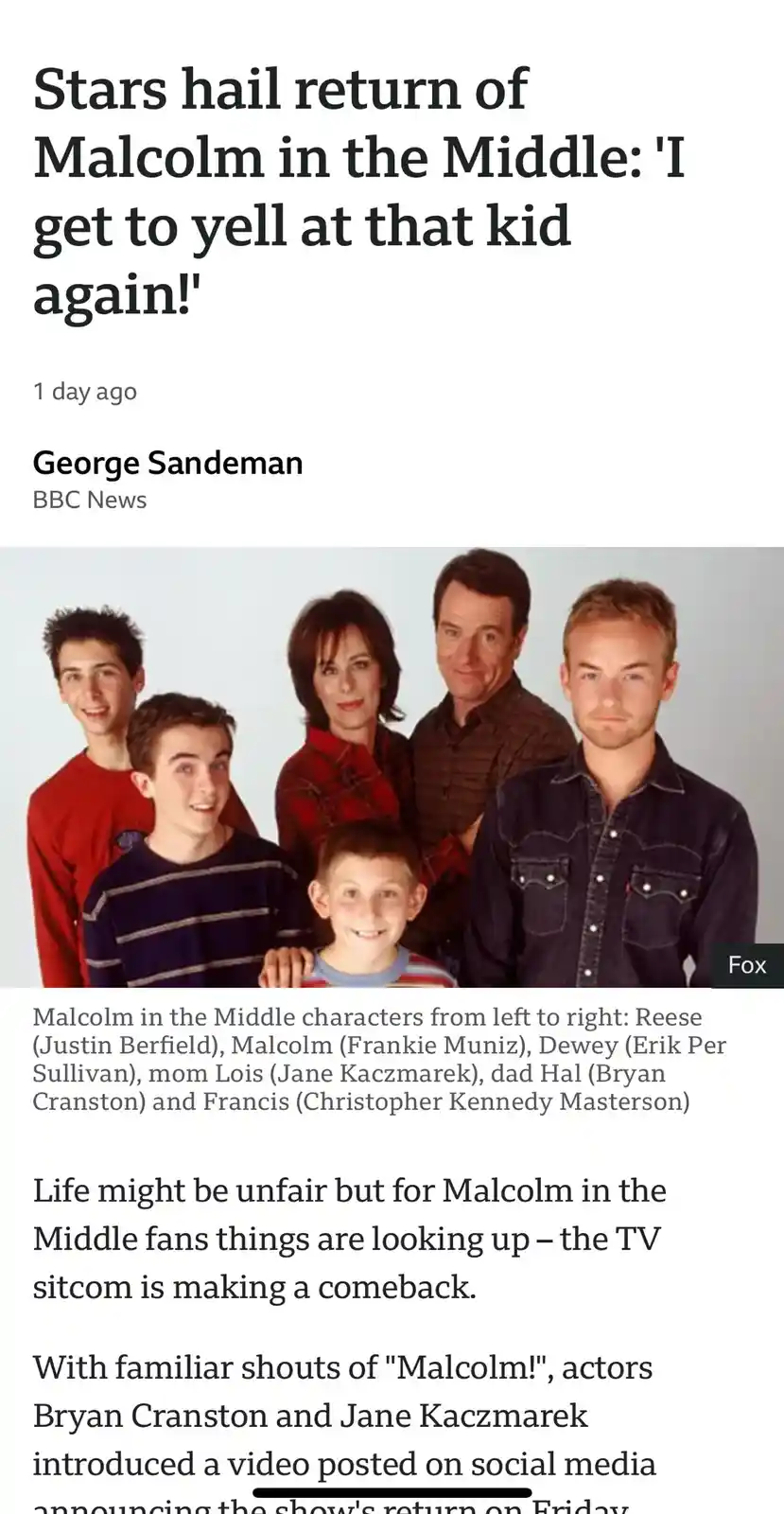 A screenshot of a BBC News article about the return of the TV show 'Malcolm in the Middle,' featuring a group photo of the…