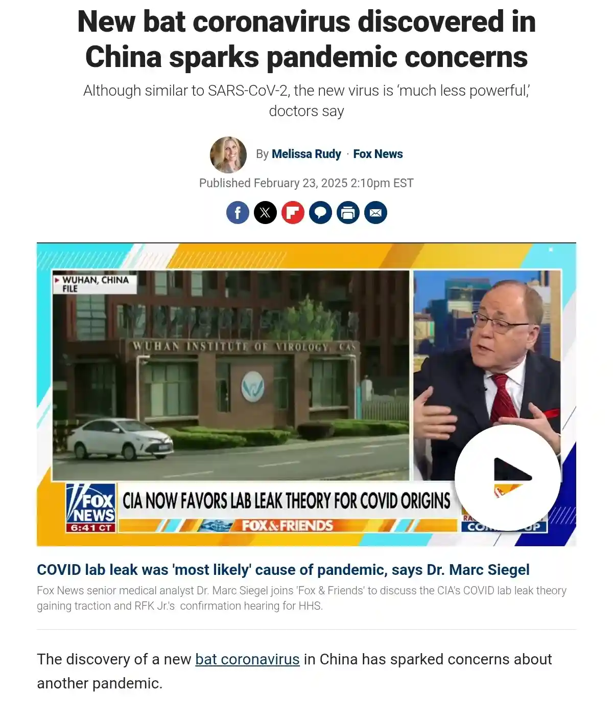 A Fox News article screenshot shows a headline about a new bat coronavirus in China, with a video still of a news anchor…