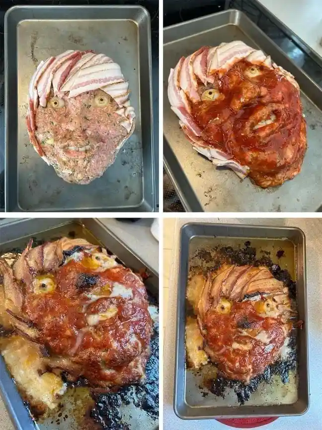 Four-panel image shows a meatloaf shaped like a human face, decorated with bacon strips for hair and eyeballs, then glazed…
