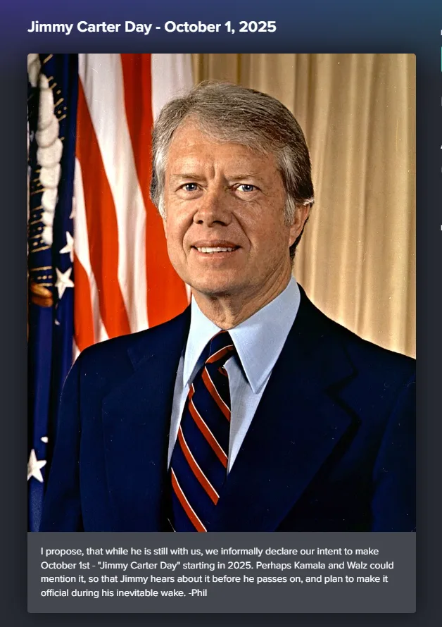 A formal portrait of former U.S. President Jimmy Carter, smiling in a dark suit and striped tie, standing before an American…