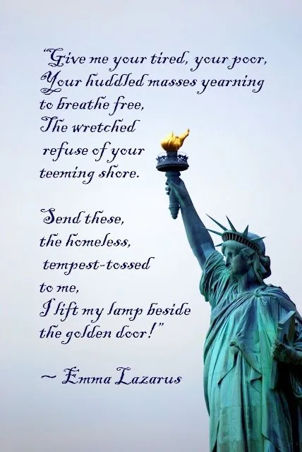 The image shows the Statue of Liberty holding her torch aloft against a pale sky. Overlaid in dark cursive text is the full…