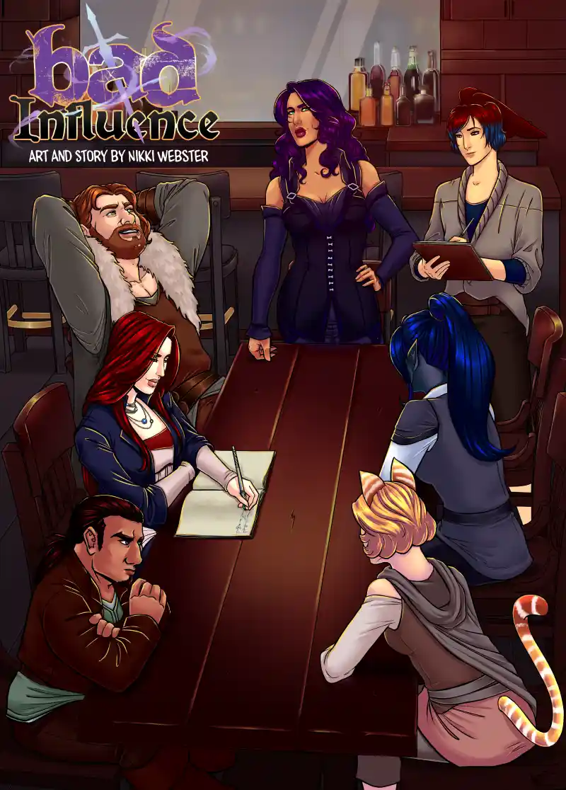 A colorful fantasy illustration shows seven diverse characters gathered around a wooden table in a dimly lit tavern or bar…