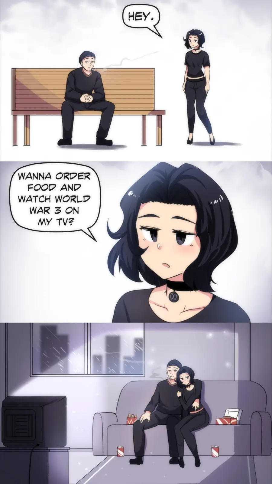 A three-panel anime-style comic shows a man smoking on a bench as a woman approaches and says 'HEY.' In the second panel…