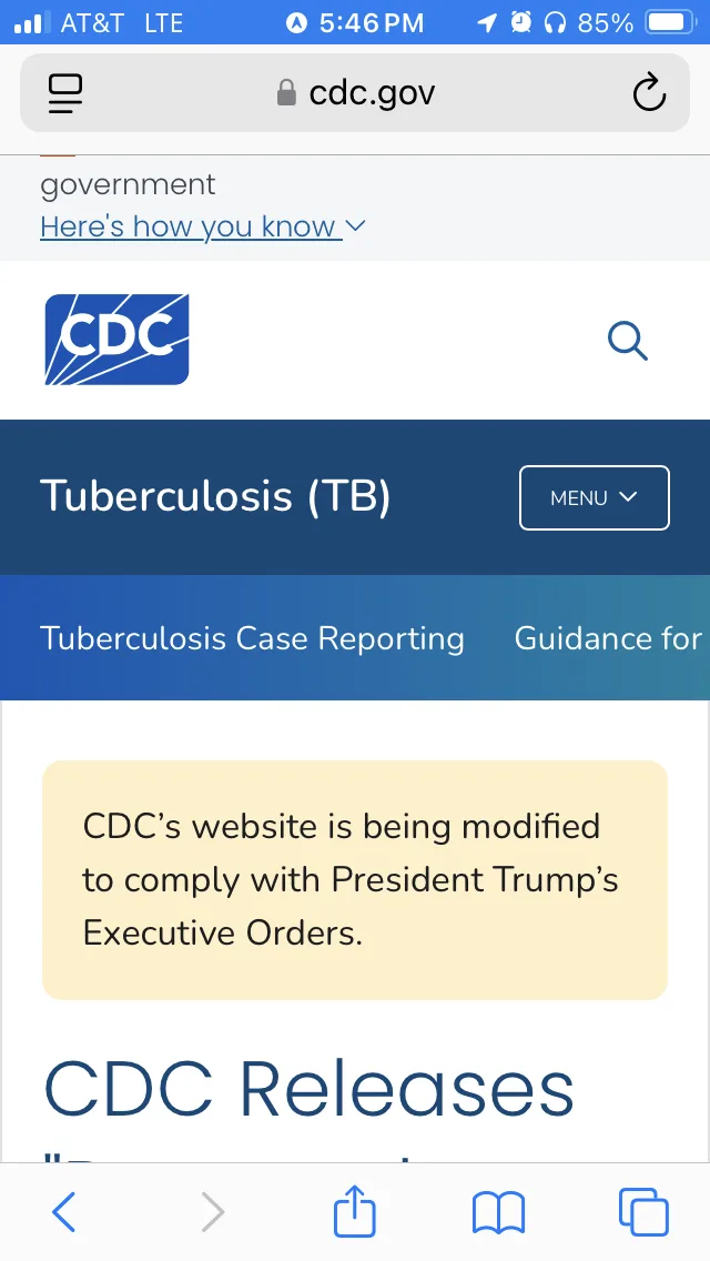 A screenshot of the CDC.gov website's tuberculosis page, showing a yellow notification box with the text 'CDC's website is…