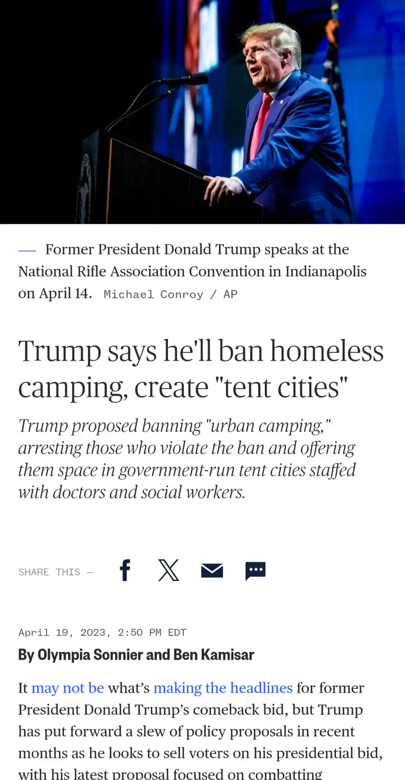 A screenshot of a news article shows former President Donald Trump speaking at a podium, with the headline "Trump says he'll…
