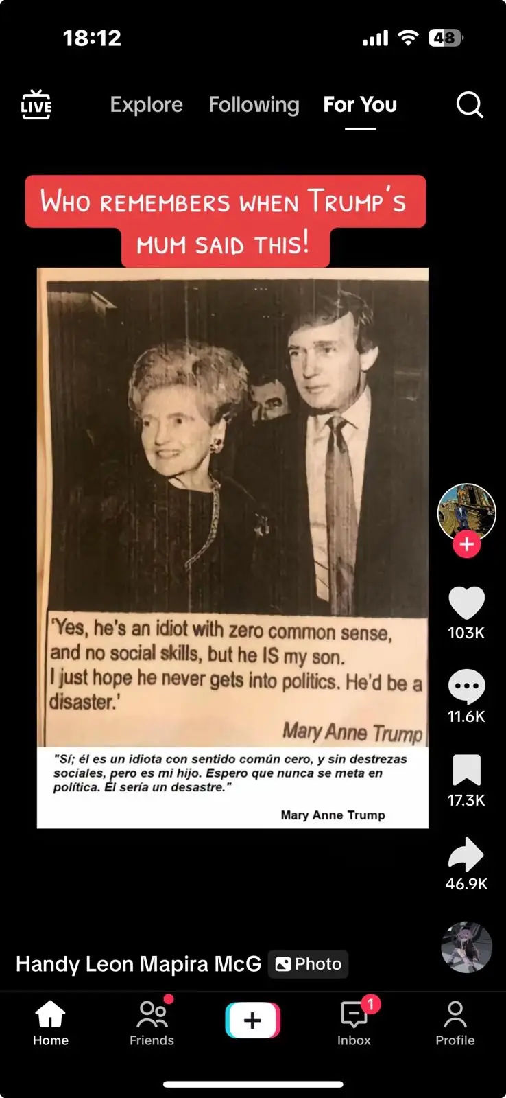 A black-and-white photo shows Mary Anne Trump standing next to a younger Donald Trump. Overlaid text quotes her saying her…