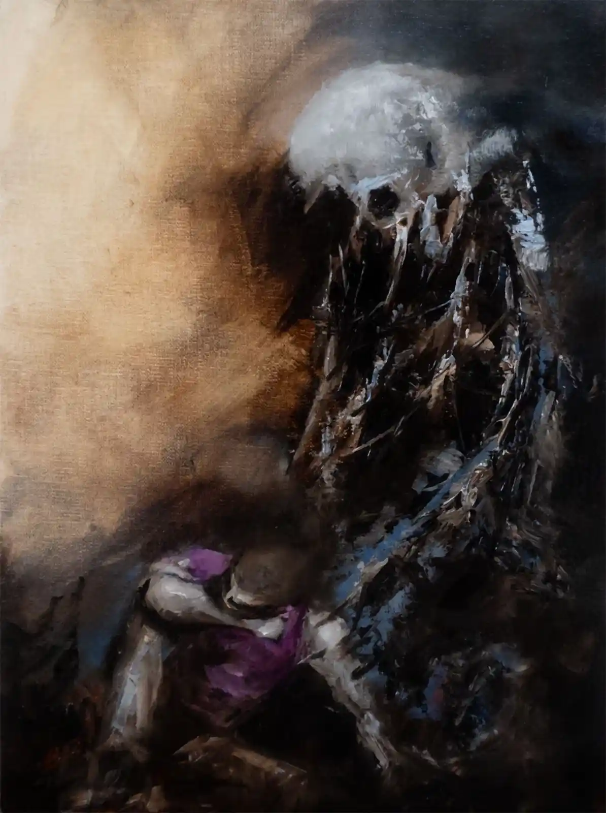 A dark, painterly artwork depicts a skeletal figure with a skull head, hunched over and holding a purple object, possibly a…