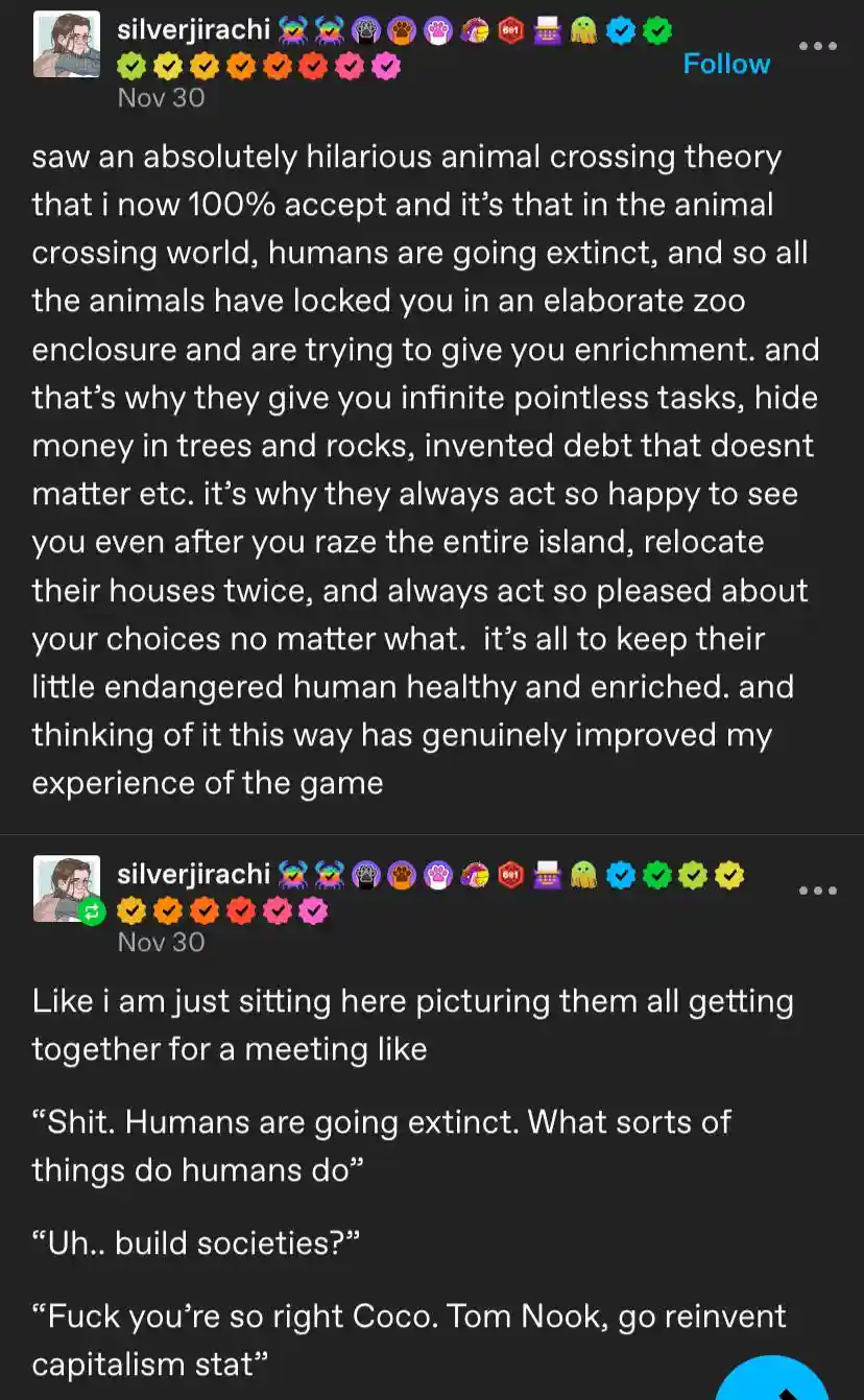 A screenshot of a social media post showing a user's comment about reinterpreting Animal Crossing as a zoo where animals are…