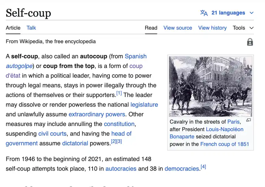A screenshot of the Wikipedia article for 'Self-coup' shows a black-and-white illustration of cavalry in Paris streets after…