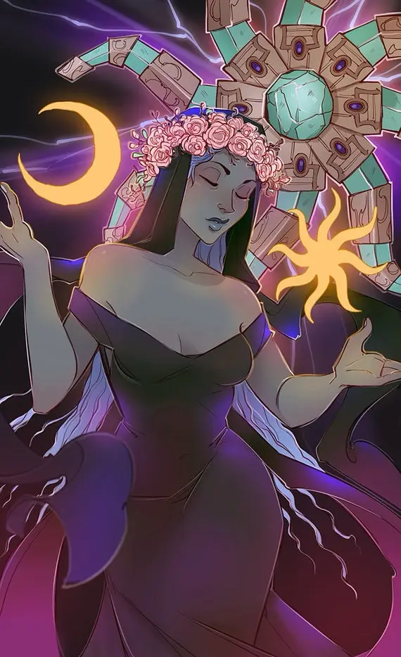 An anime-style illustration of a serene woman with long dark hair and a pink rose crown, wearing a dark purple dress. She…