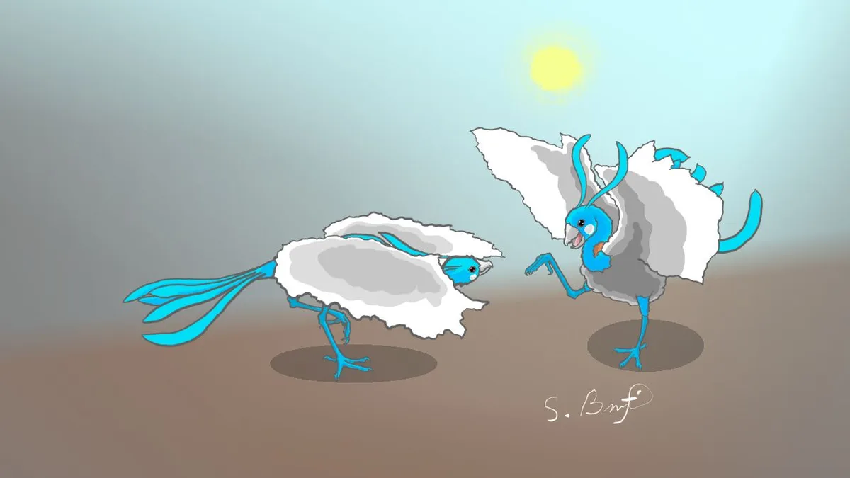 Two cartoonish blue birds with large, fluffy white cloud-like bodies stand facing each other under a bright yellow sun. One…