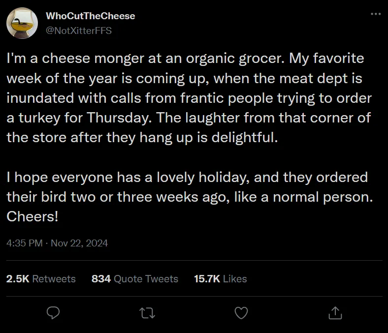 A screenshot of a tweet from user @NotXitterFFS, posted on November 22, 2024, at 4:35 PM. The tweet humorously describes…