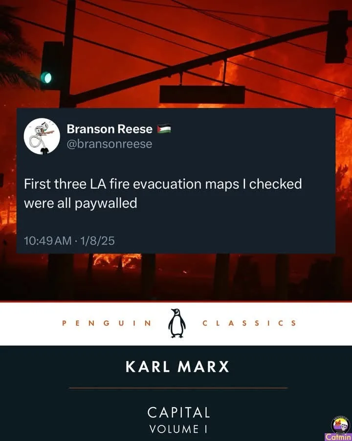 A screenshot of a tweet by Branson Reese stating that the first three LA fire evacuation maps he checked were paywalled…