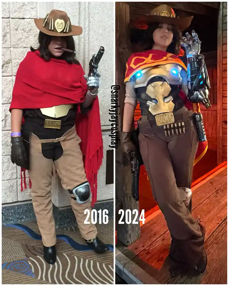 A side-by-side comparison of a cosplayer portraying the Overwatch character Ashe in 2016 and 2024. The left image shows a…
