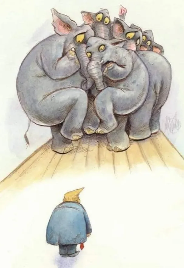 A small figure with a yellow hairdo and blue coat stands facing a large, huddled group of angry-looking elephants. The…