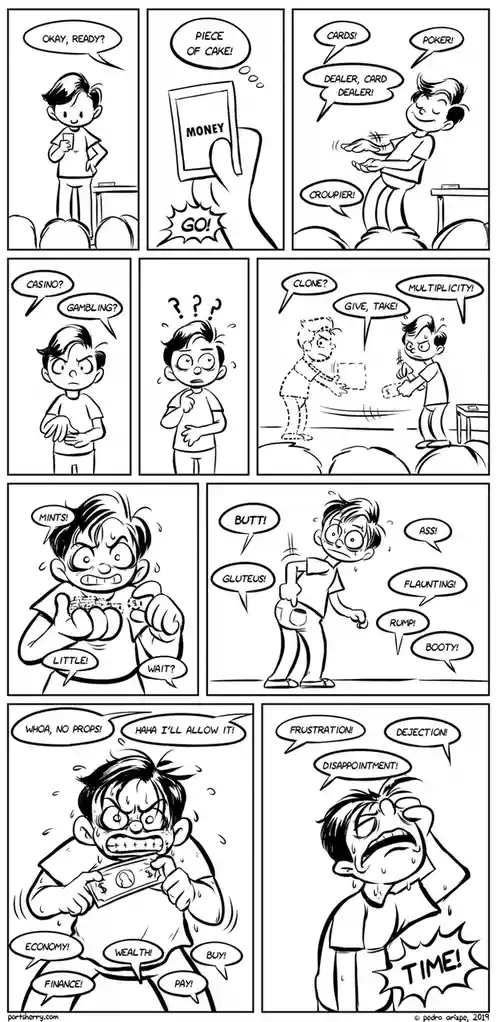 A black-and-white comic strip shows a boy confidently betting money, then progressively misinterpreting casino terms like…