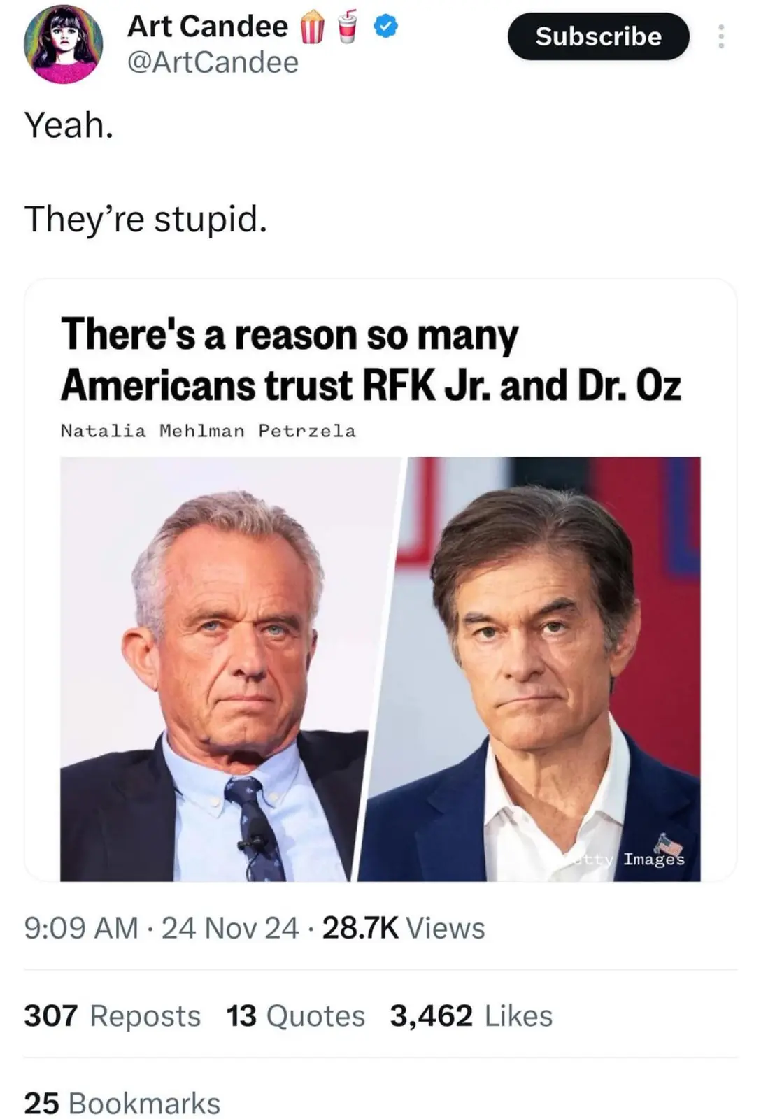 A screenshot of a social media post by 'Art Candee' shows a news article headline reading 'There's a reason so many…