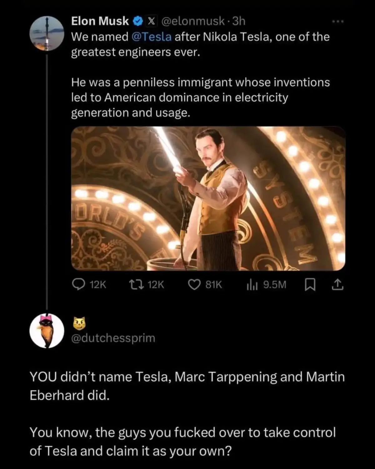 A screenshot of a Twitter thread shows Elon Musk's tweet praising Nikola Tesla and naming the company after him. Below it, a…