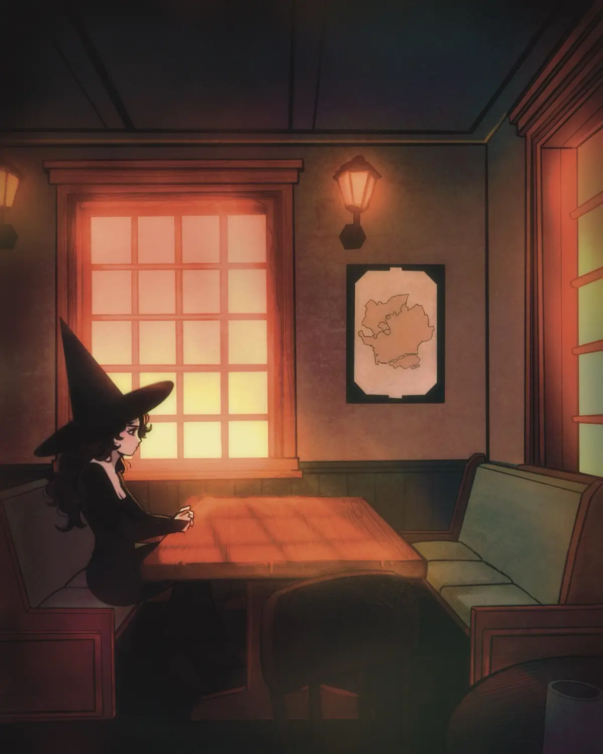 An anime-style illustration shows a young woman with dark hair wearing a black witch's hat, sitting alone at a wooden table…