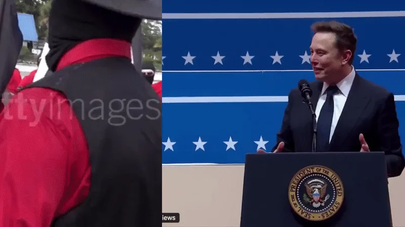 A composite image shows Elon Musk standing at a podium with the Presidential Seal, appearing to give a speech. Behind him…